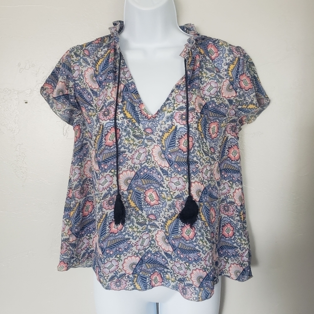 Ella Moss XS Short Sleeve Blouse Blue Pink Yellow Floral Mixed Pattern Top Shirt